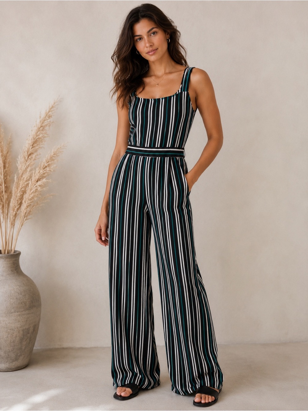 Apricot Emerald Stripe Wide Leg Jumpsuit | M